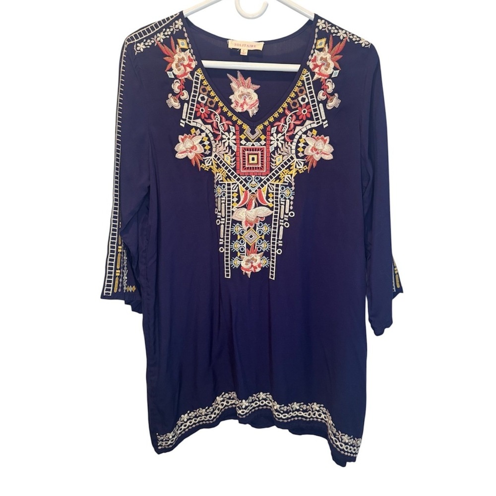 Solitaire Womens Navy Blue Embroidered V-Neck‎ Tunic Top Small Boho Floral